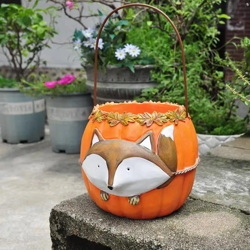 外贸乡村浮雕狐狸南瓜提篮收纳花盆花园庭院万圣节场景摆件装饰