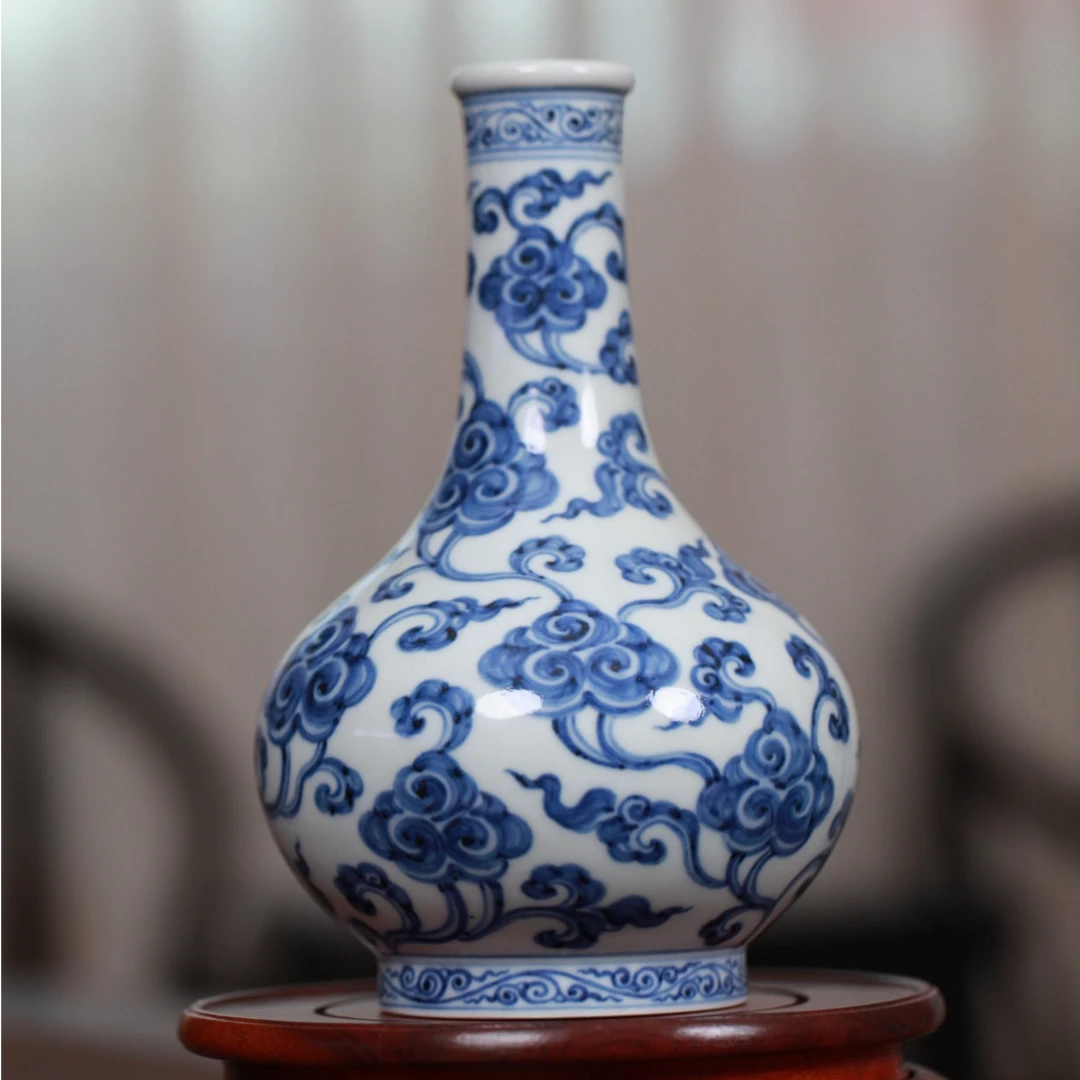 玉窑【收藏级】 明永宣 青花灵芝纹胆瓶 1:1复刻精品 柴窑