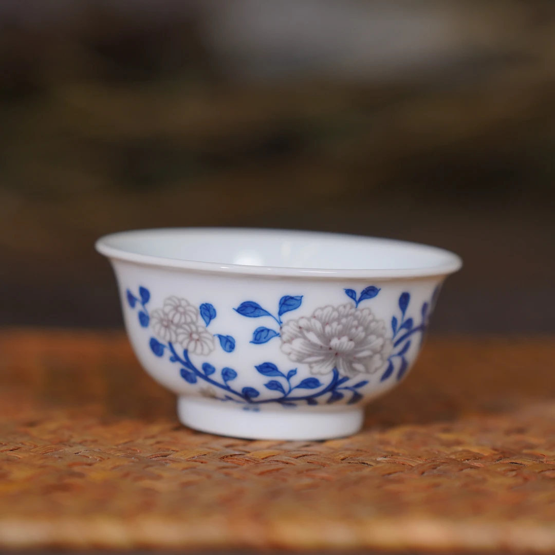 玉窑-青花釉里红花卉纹小杯 柴窑主人杯（容量约50ml)