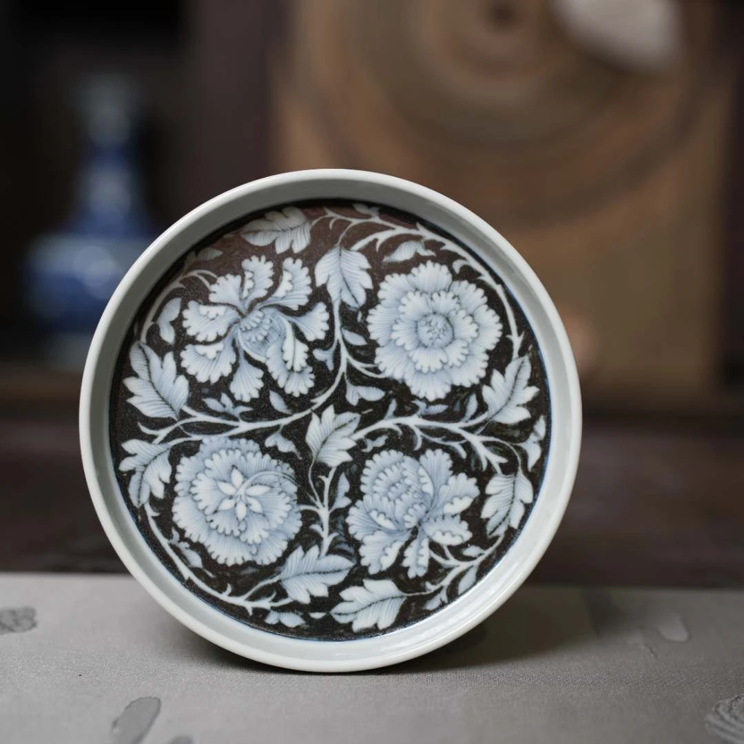 景德镇【玉窑】元青花蓝底缠枝牡丹纹壶承 瑞和