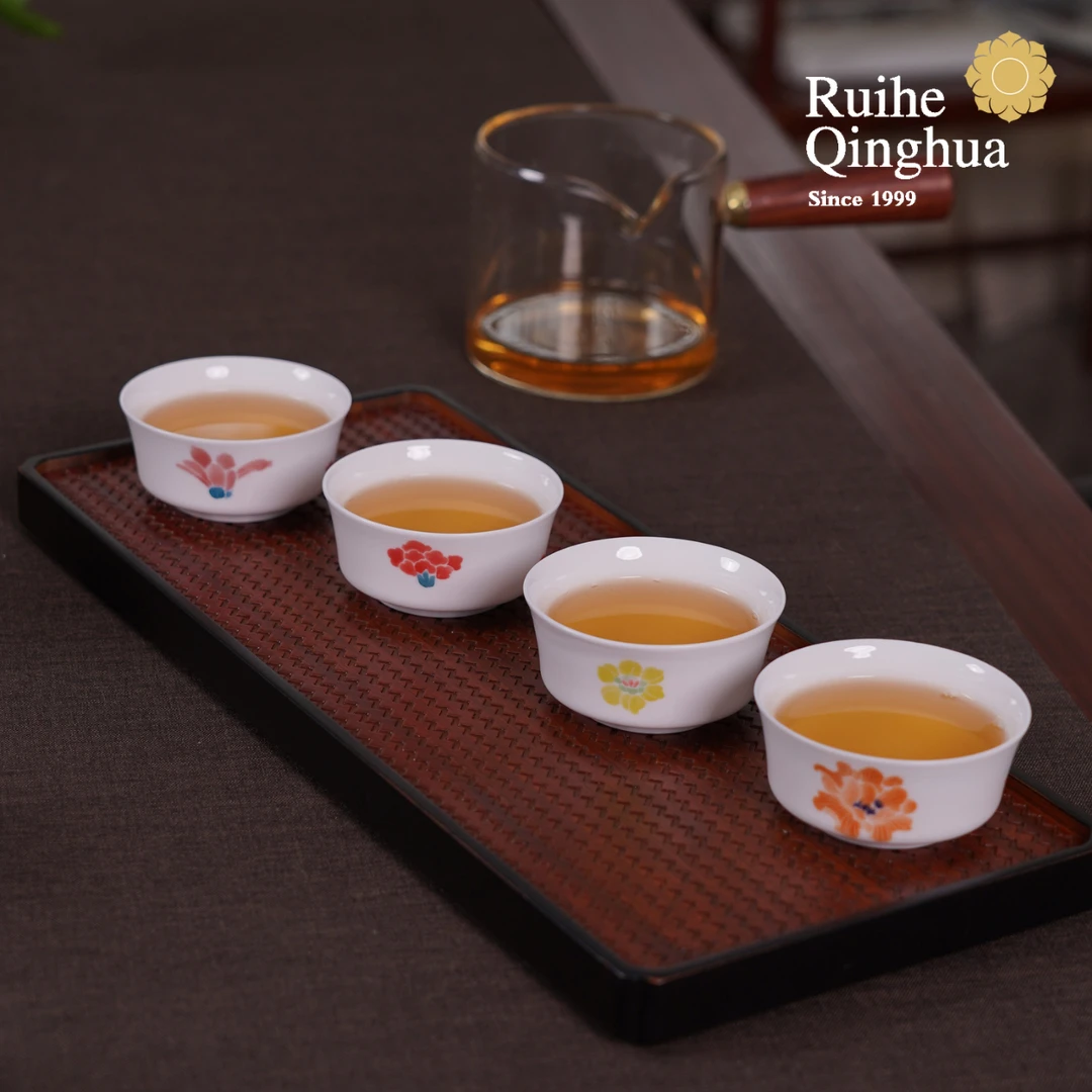 瑞和青花新彩景元飘花釉下彩中式纯手工家用主人杯