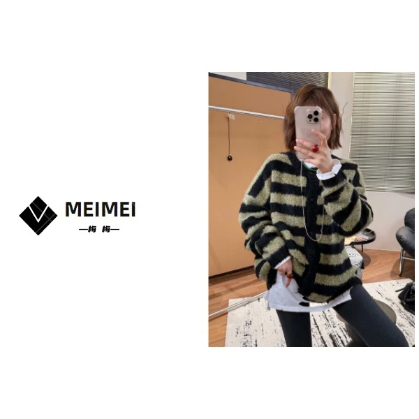 XMM.《定染条纹毛衣》秋季新款时尚百搭洋气休闲小众慵懒毛衣-8989