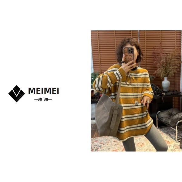 XMM《发财黄条纹》秋冬新款时尚百搭休闲小众复古圆领长袖条纹-7990