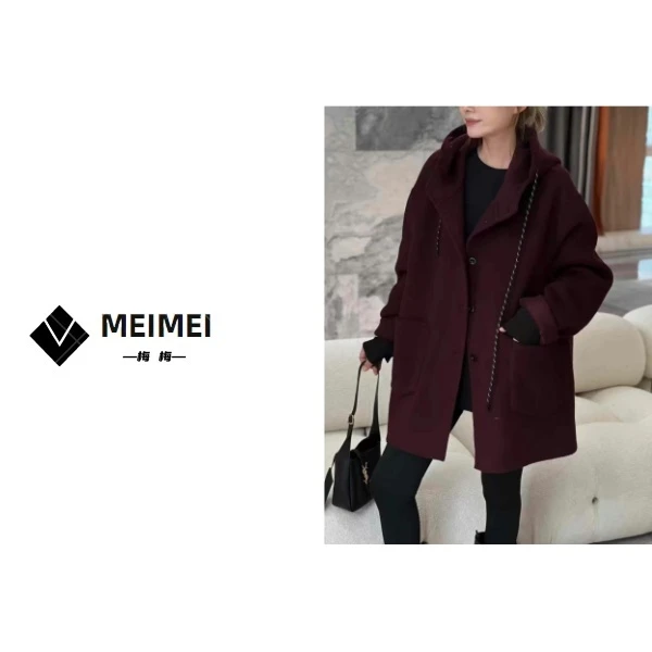 XMM.《中长款羊绒大衣》秋冬新款时尚百搭洋气休闲连帽长袖大衣8820