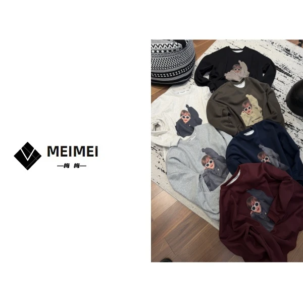 XMM【小男孩举手加绒卫衣】美式休闲情侣宽松印花圆领秋冬加绒15525