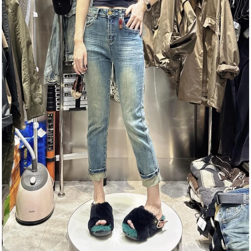 XMM.2024春款显瘦高腰百搭弹力口袋6数字牛仔烟管裤-247105