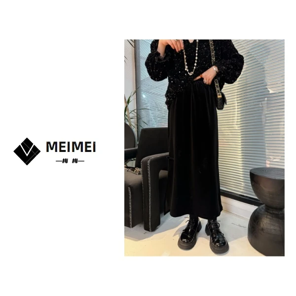 XMM.【国风丝绒半身裙】早春新款时尚百搭宽松显瘦高腰气质中长裙