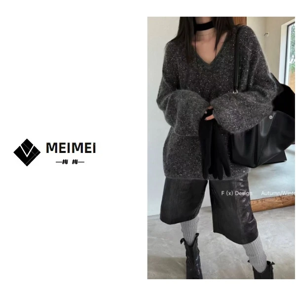 XMM.《闪闪亮毛衣》秋冬新款时尚百搭洋气休闲小众V领长袖毛衣6357