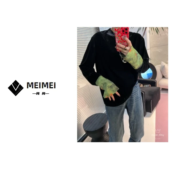 XMM.《新中式宋锦丝绒》新中式国潮风休闲宽松显瘦百搭长袖丝绒T恤