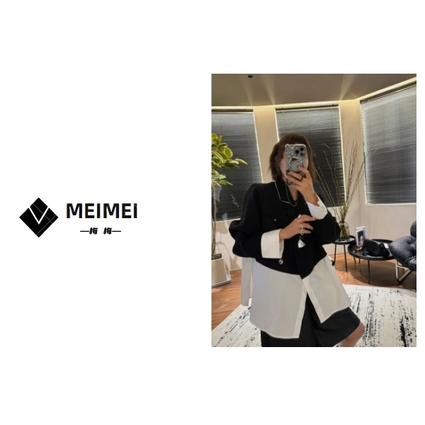 XMM《黑白拼接西装》秋季时尚百搭洋气休闲小众设计感长袖西装24765