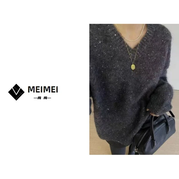 XMM《晚宴必备》秋冬新款时尚百搭洋气休闲小众亮片长袖毛衣92-6359