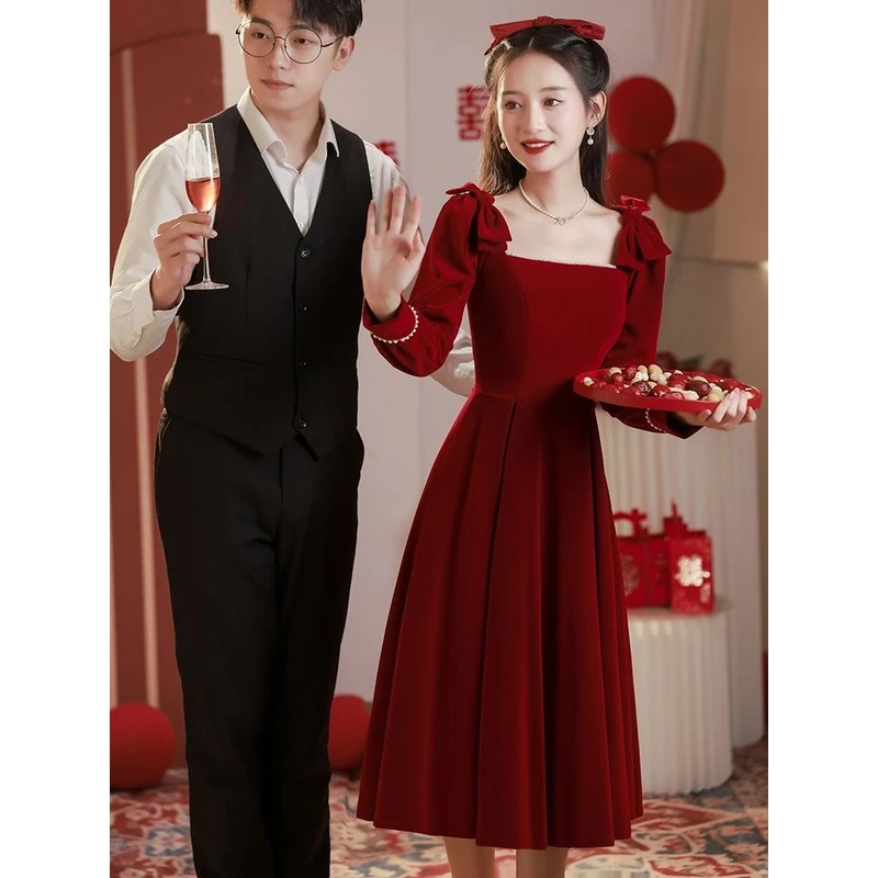 蝴蝶结小个子新娘敬酒服短款2023新款高端订婚连衣裙红色礼服裙女