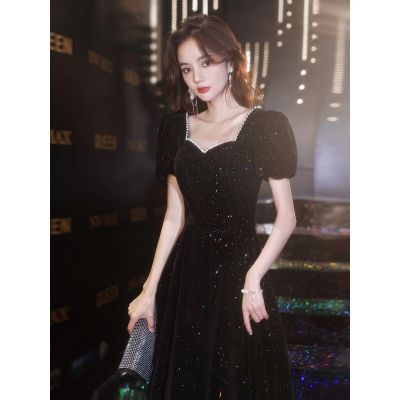 黑色晚礼服裙女宴会气质年会轻奢小众高端艺考法式赫本主持高级感