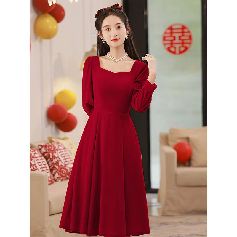 敬酒服新娘酒红色平时可穿结婚回门订婚小礼服连衣裙女长袖秋冬季