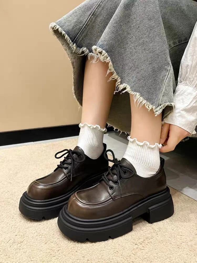 (凯旋门)新春款厚底英伦风系带小皮鞋小个子增高乐福鞋女单鞋