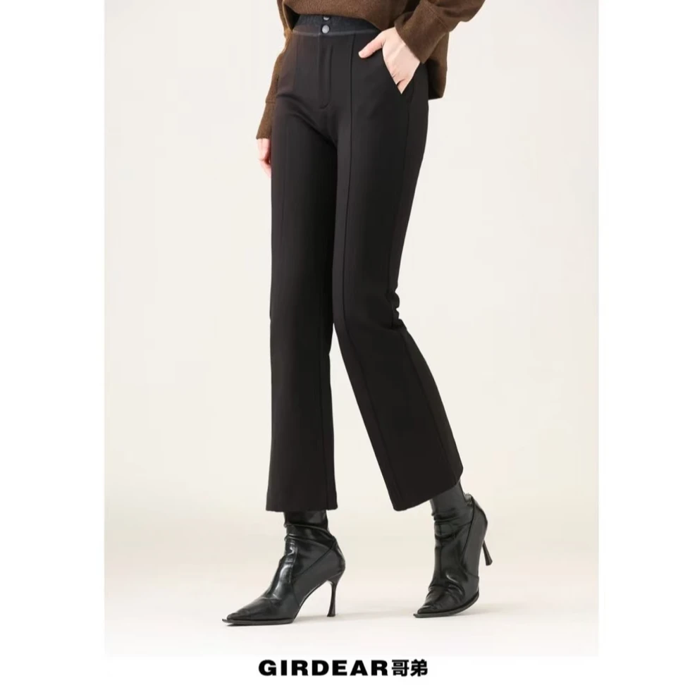 GIRDEAR/哥弟1100485冬季新款高腰洋气百搭显瘦植绒加厚微喇裤