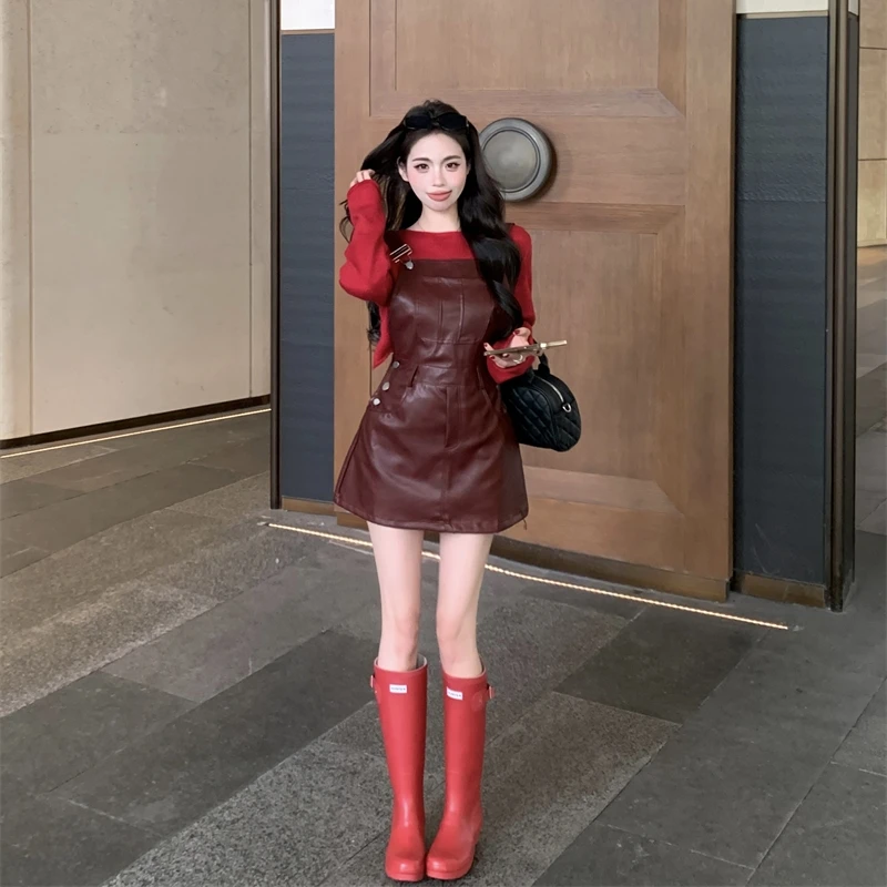 纯欲韩系短款毛衣针织衫上衣女2024早秋新款小个子背心吊带皮裙子