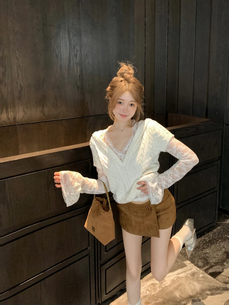 歌剧少女 辣妹气质蕾丝上衣针织短袖马甲女秋季新款显瘦半身裙潮