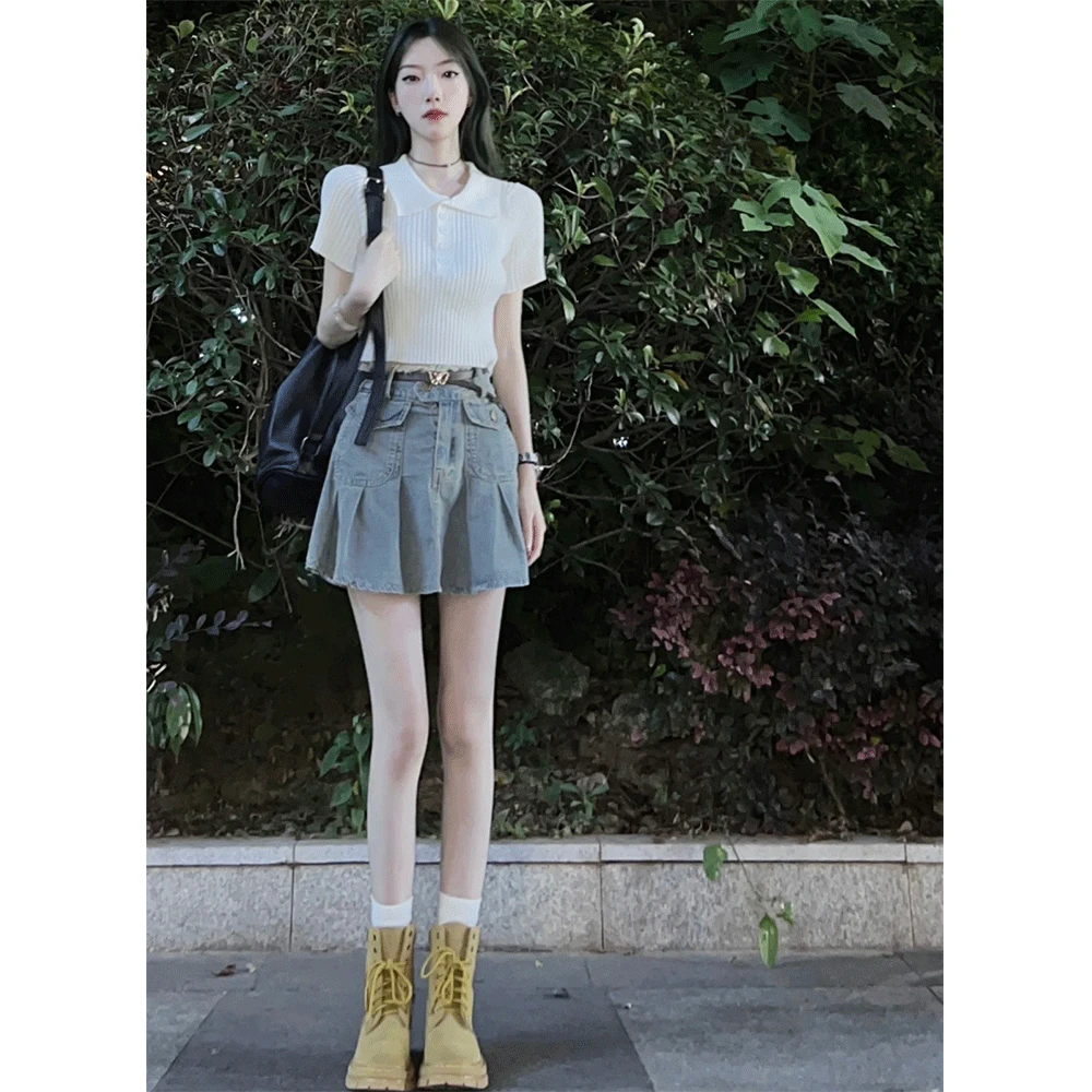 夏季新款女装辣妹穿搭小个子轻熟炸街chic甜辣针织上衣显瘦牛仔裙