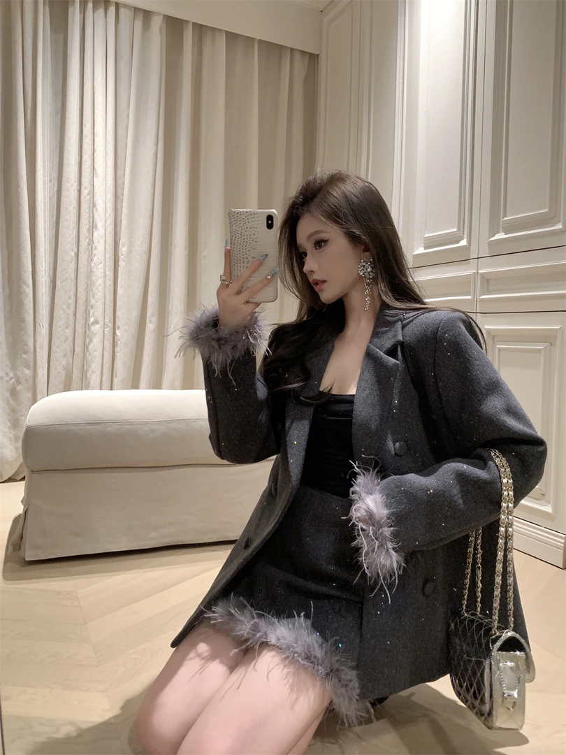 炸街羽毛拼接细闪夹棉毛呢西装外套女2024秋冬新款高腰半身裙套装