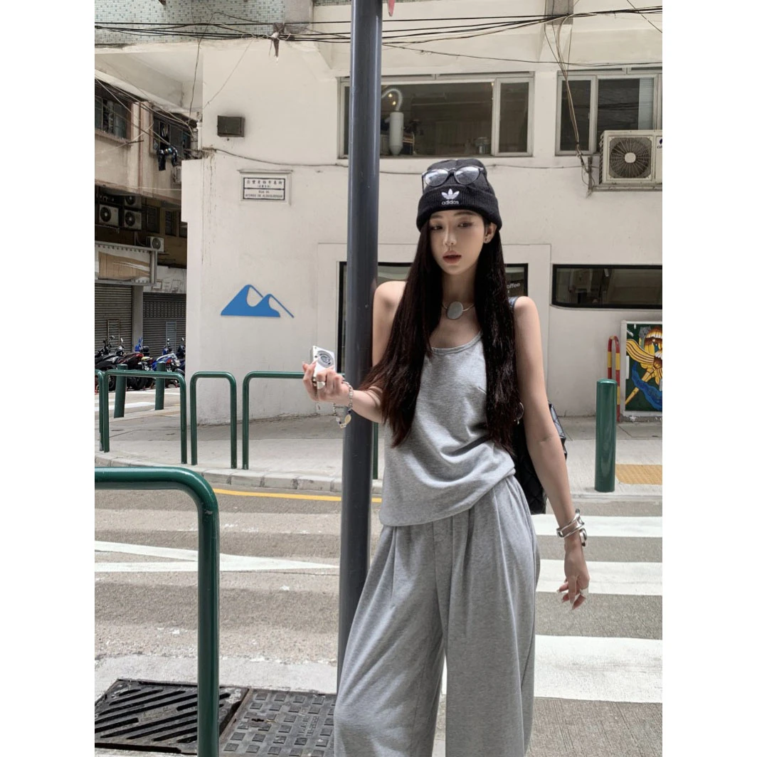 时尚性感露背休闲宽松背心2025春季松紧腰百搭阔腿直筒小众长裤女