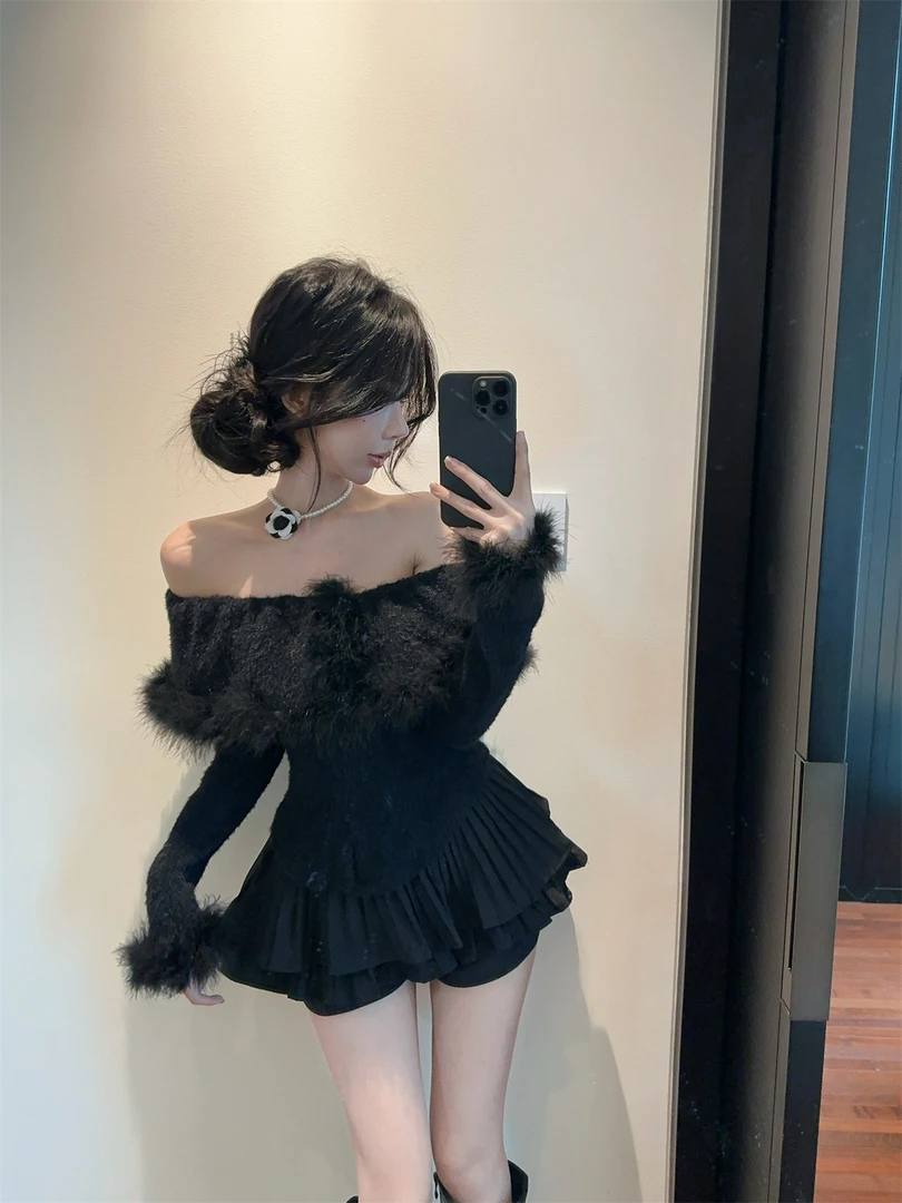 高级感设计辣妹气质一字肩翻领毛毛针织上衣女秋冬新款百褶裙裤潮