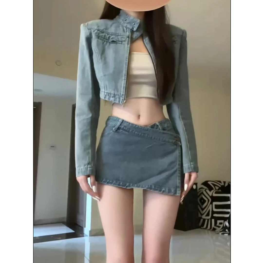 复古高级感短款牛仔外套女秋季甜辣妹不规则高腰短裤裙两件套穿搭