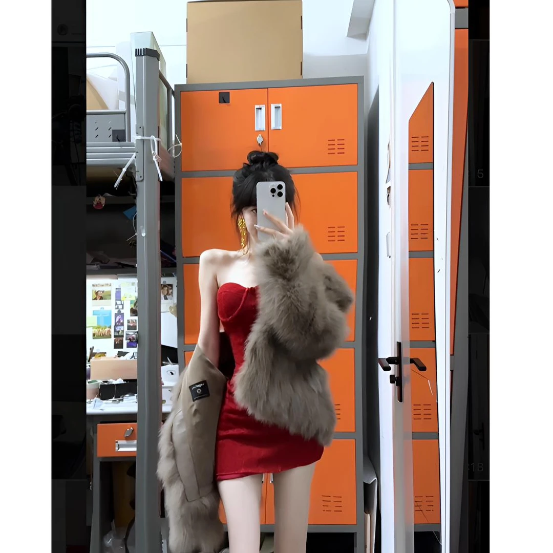 2024秋冬新款辣妹纯欲性感红色抹胸包臀连衣裙搭环保毛毛外套套装