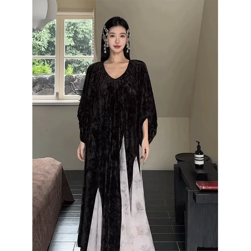 新中式国风高级感穿搭复古宽松长袖连衣裙2024秋冬新款显瘦长裙子