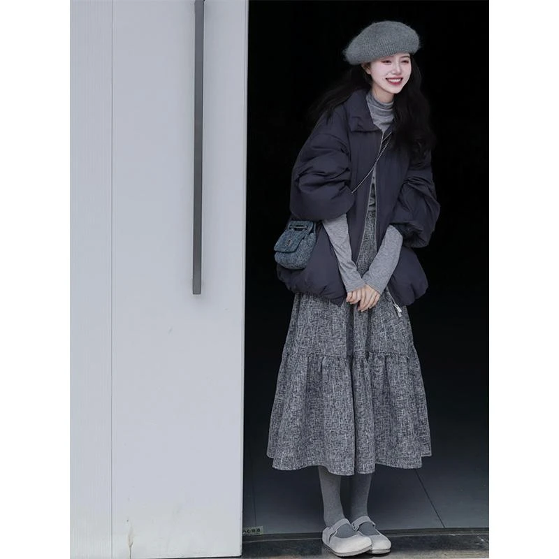 2024秋季新款法式甜美风立领长袖开衫棉服外套配高腰显瘦半身裙女