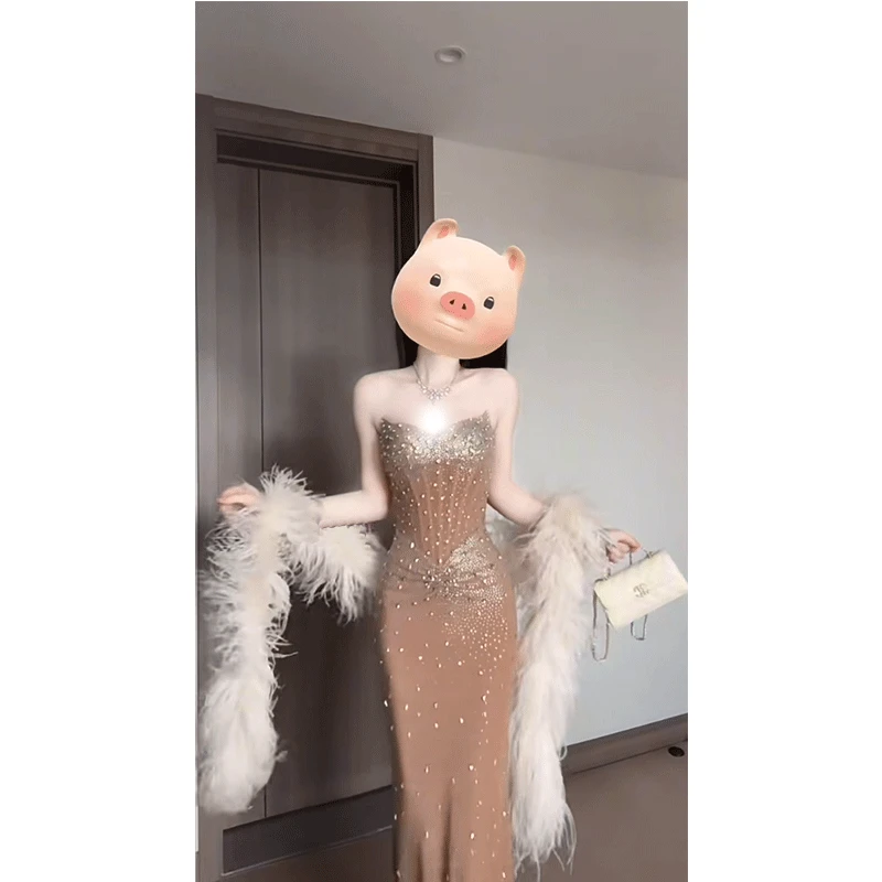 高级感气质重工奢华满钻鱼骨抹胸连衣裙腰臀比女神裙party礼服裙