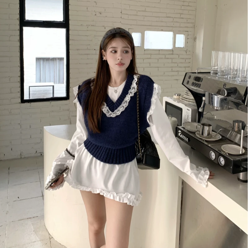 V领蕾丝花边无袖针织马甲背心搭配不规则性感木耳边拼接长袖T恤女