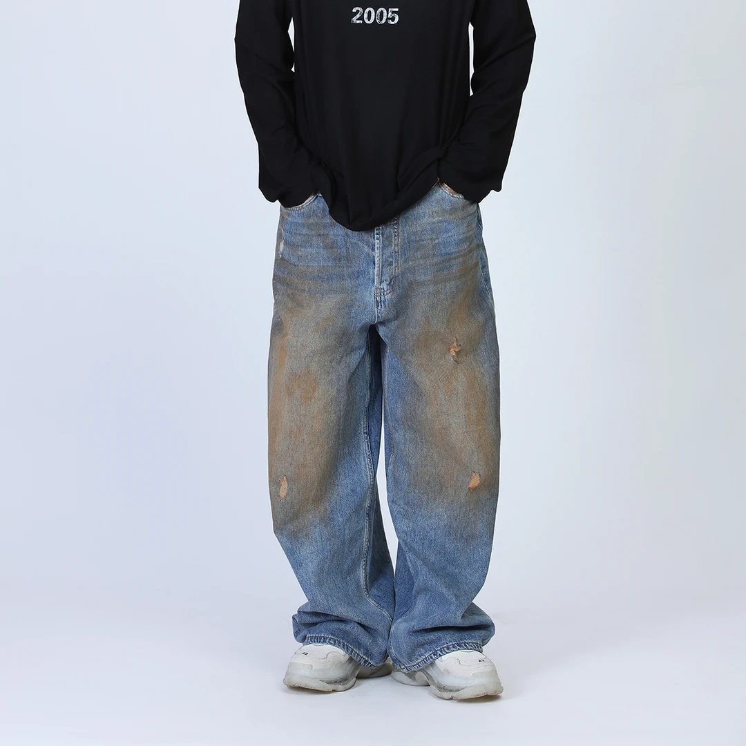 【YOUTH CARVING】新款喷染做脏水洗做旧磨破复古牛仔阔腿裤宽松裤