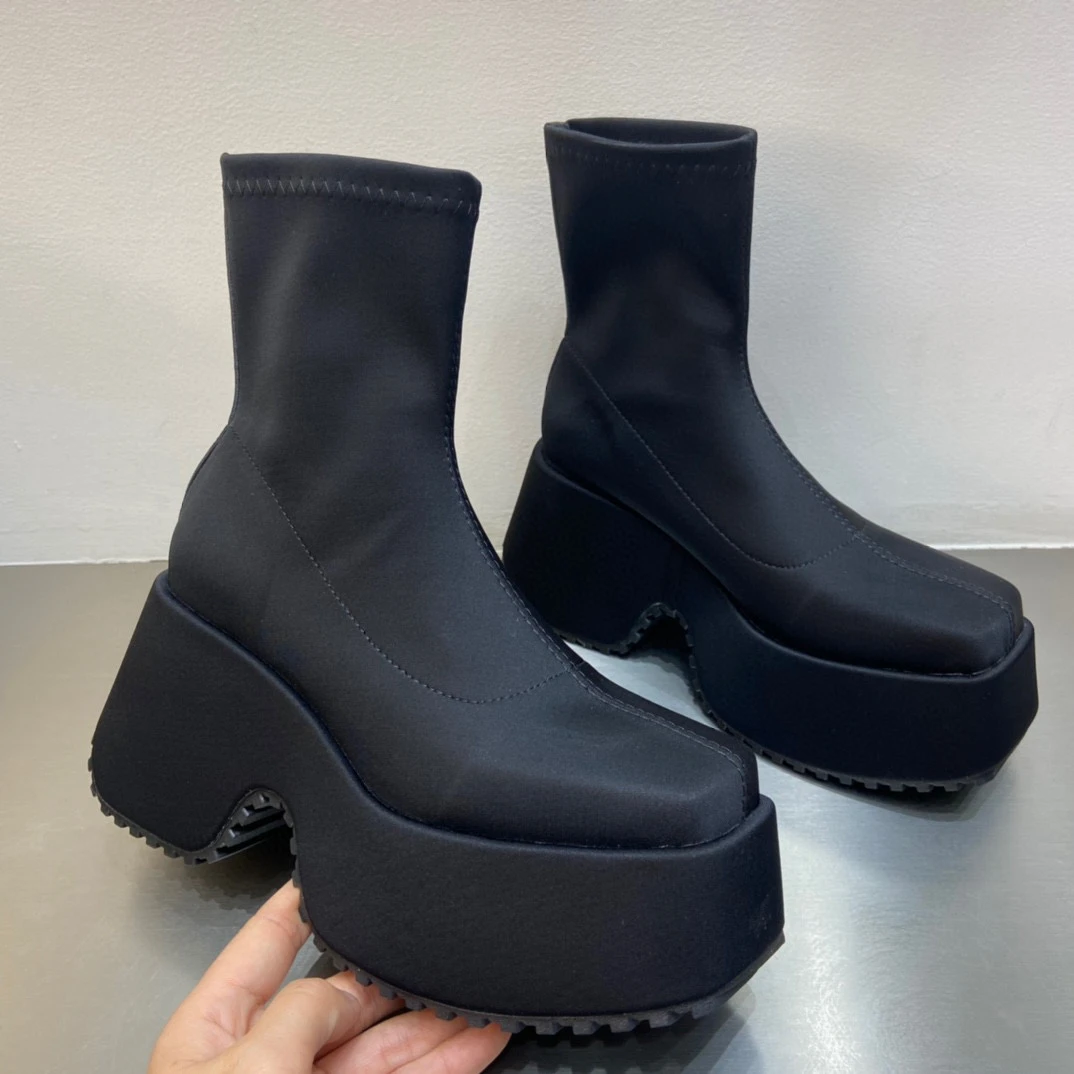 【菠萝妞推荐】12023-1超厚底弹力袜靴女复古瘦瘦靴方头松糕短靴