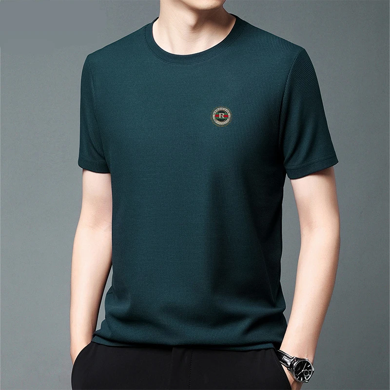 品质男装夏季新款华夫格圆领男士品质t恤透气薄款短袖洋气上衣男