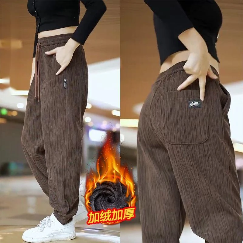 男款新款加绒保暖休闲裤竖条纹银狐绒印花束脚男士男款阔腿裤服装