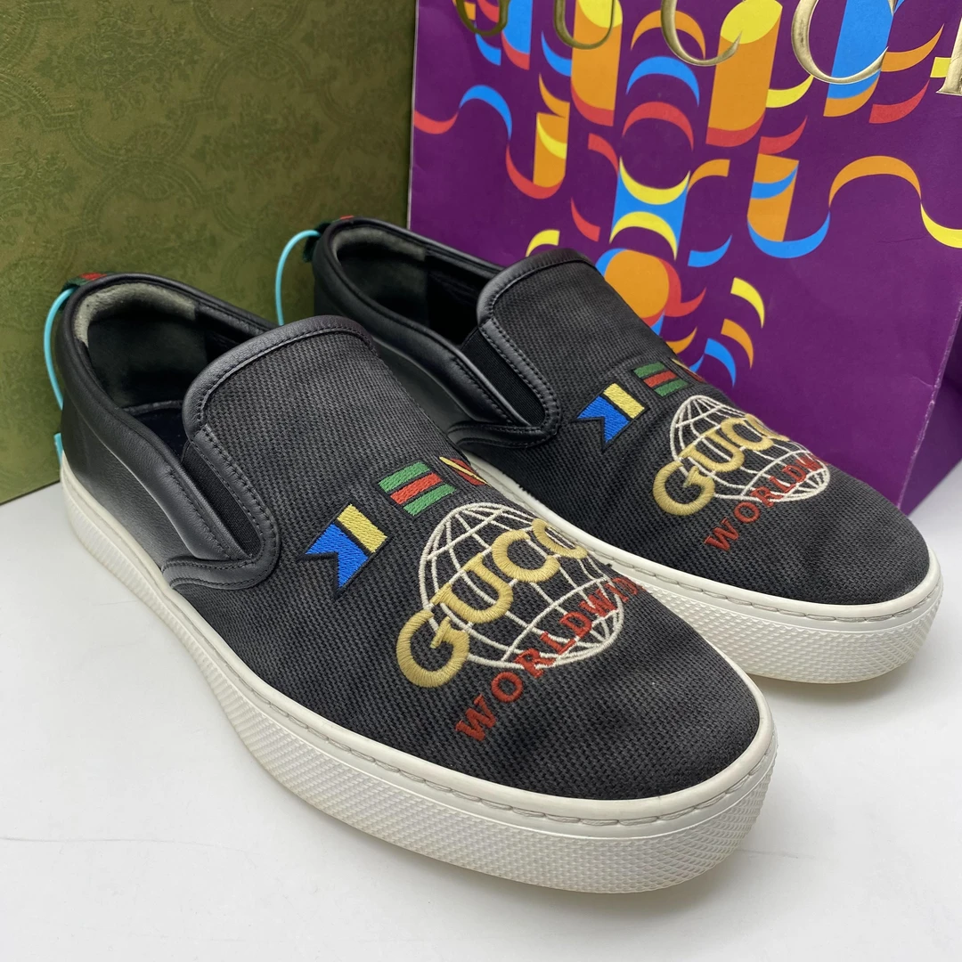 95新 GUCCI/古驰 42.5码/二手男士黑色帆布拼接一脚蹬鞋