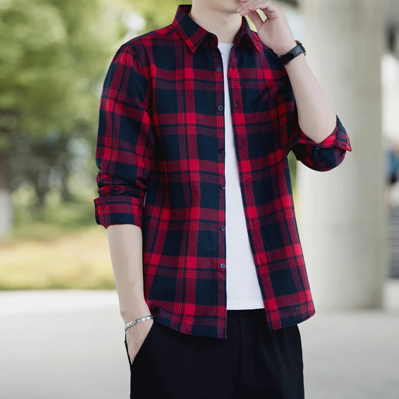 港风磨毛撞色格子男士长袖衬衫休闲打底衬衣百搭秋季深色气质外搭