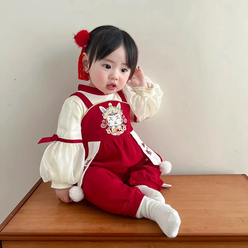 女童国风中国风春秋连体衣红色百天洋气拜年服