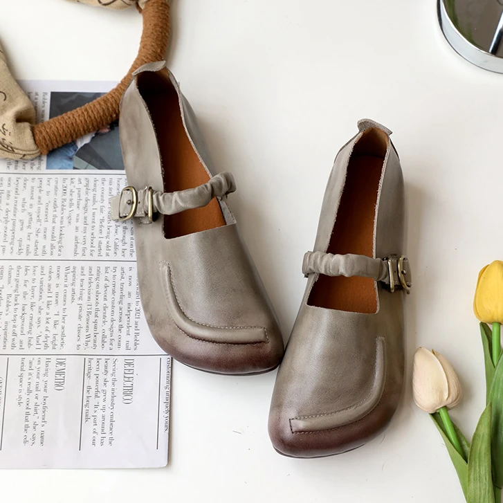 福利牛皮单鞋方头擦色复古软底时尚一字袢带平跟真皮新款