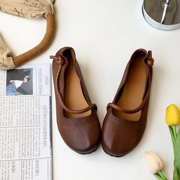 特价牛皮单鞋圆头森系软底平跟女单鞋日常百搭真皮女鞋春夏新款