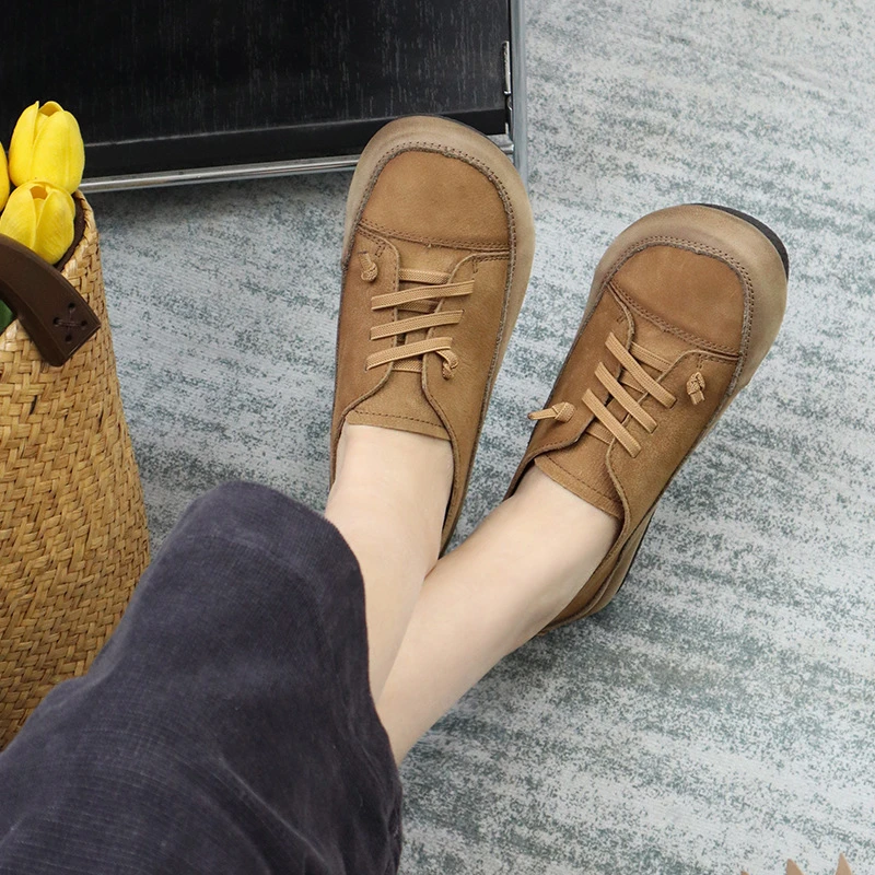 特价福利牛皮单鞋拼色圆头弹力鞋绳休闲森系女软底平跟春季百搭