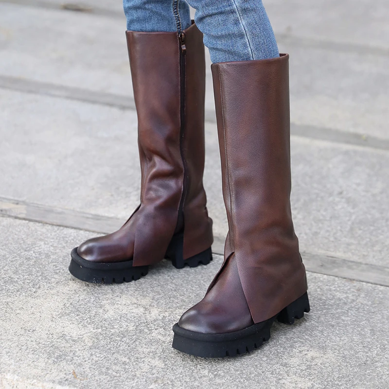 福利牛皮长靴圆头擦色手工复古防水台厚底女长筒靴秋季新款时尚
