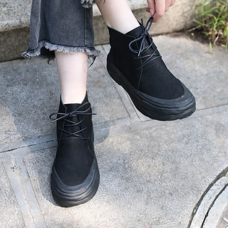 特价牛皮短靴厚底包头系带简约森系女百搭真皮马丁靴秋季新款休闲