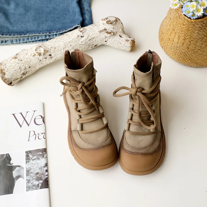 牛皮短靴复古厚底真皮短靴休闲马丁靴头层牛皮绑带秋单靴