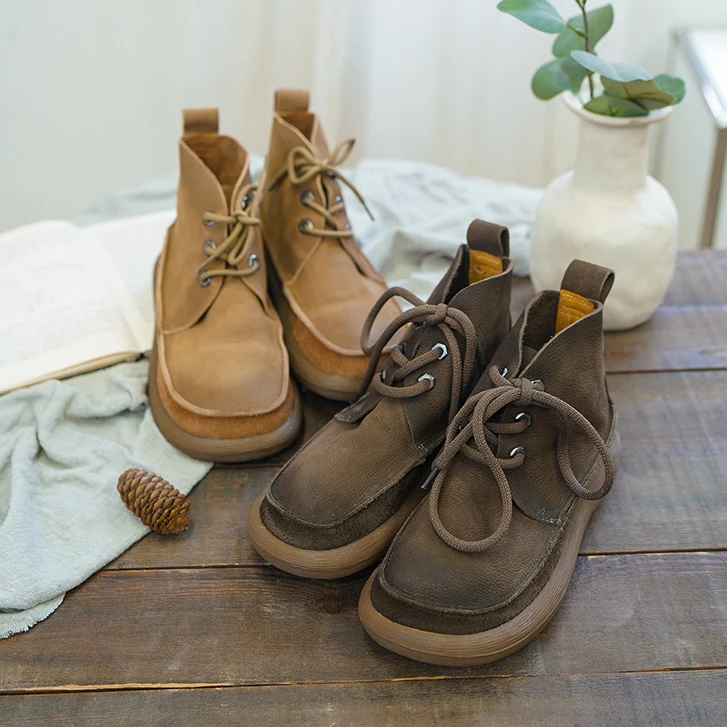 福利牛皮短靴圆头森系软底低跟真皮女短靴系带马丁靴秋季新款