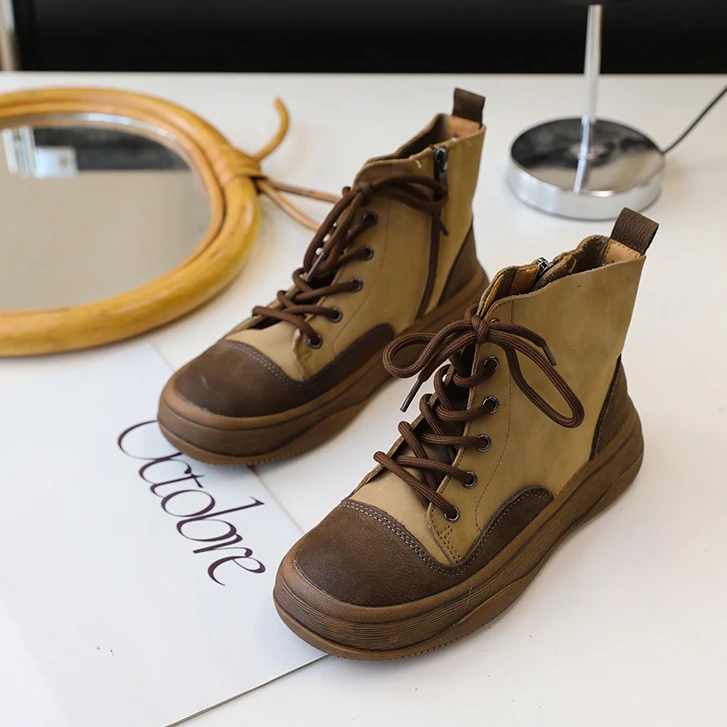 牛皮短靴拼色森系系带厚底防水台坡跟女士短靴秋季新款马丁靴