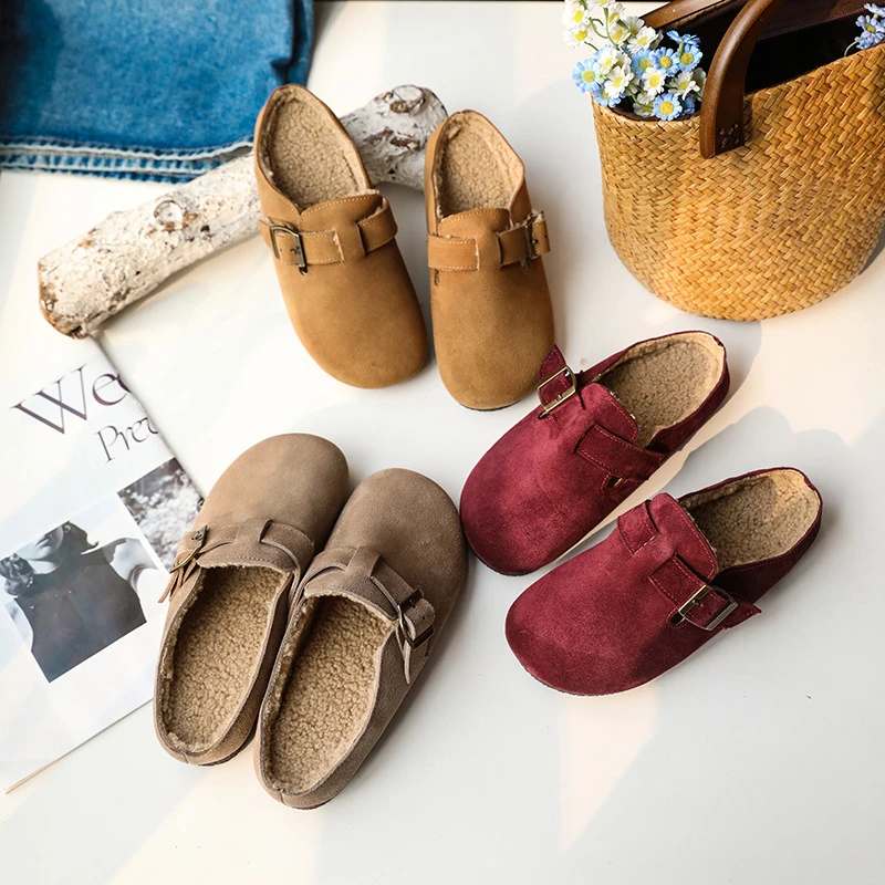 牛皮加绒棉拖鞋勃肯棉鞋女真皮全包新款百搭秋冬系毛拖鞋
