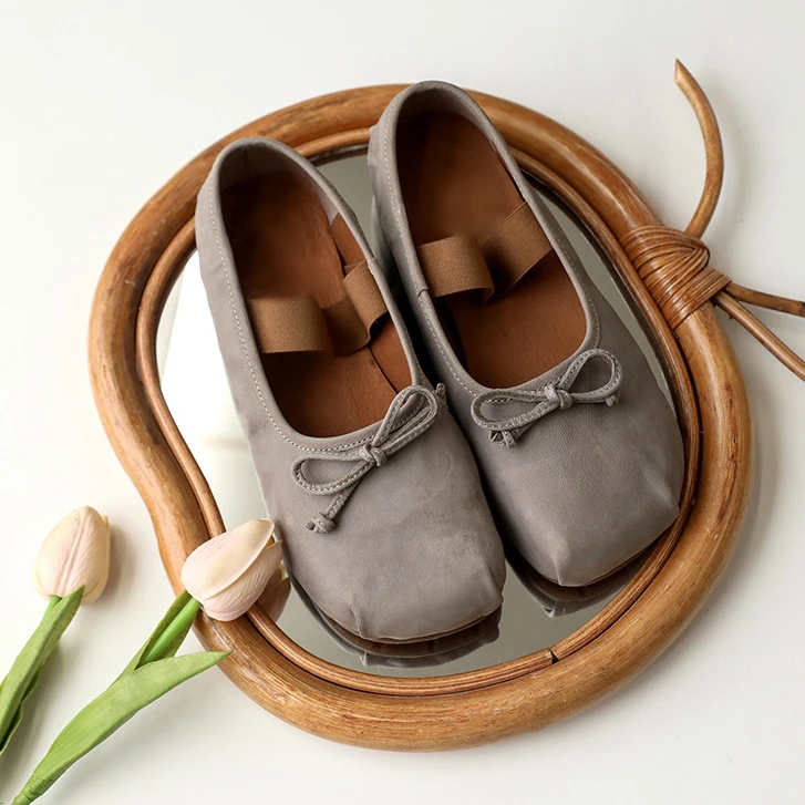 牛皮单鞋圆头蝴蝶结森系休闲软底袢带女单鞋春季新款浅口棕色