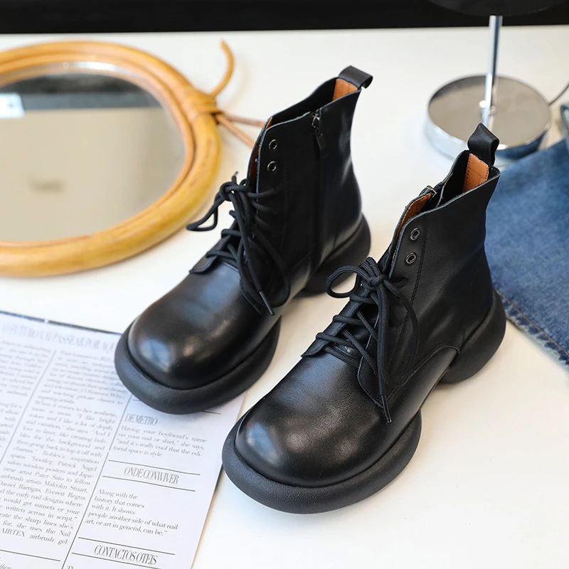 特价牛皮短靴圆头防水台厚底休闲百搭日常真皮重工马丁靴秋季新款